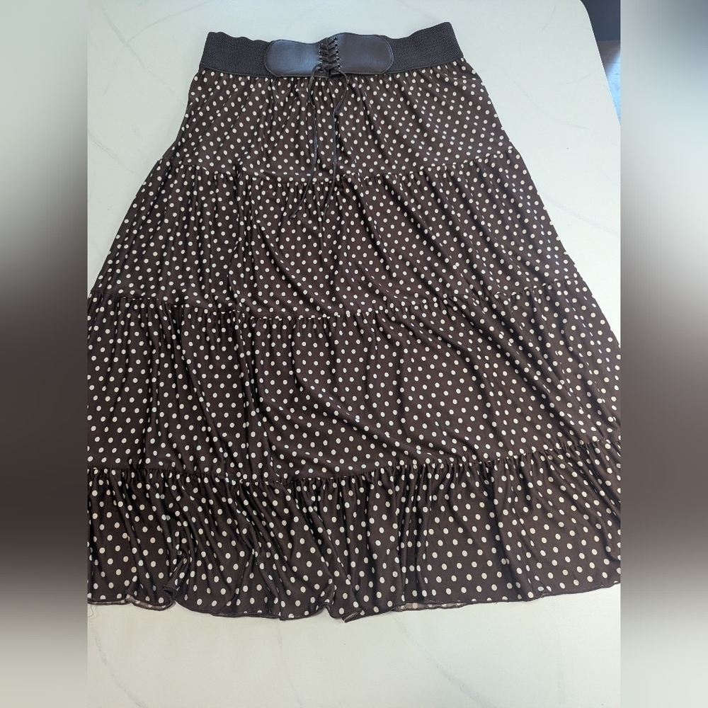Robert Louis Brown/White Polka Dot Skirt With Corset Style Elastic Waist, Large